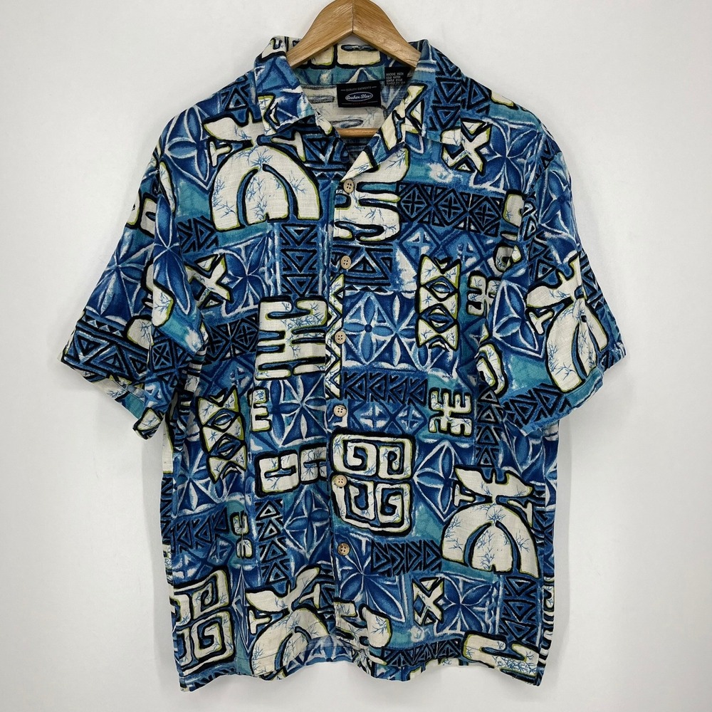 Anchor Blue Mens Large Tribal Geometric Print Short Sleeve Button Down Shirt